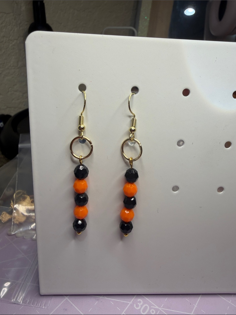 Handmade Gold Hoop Black and Orange Bead Drop Earrings